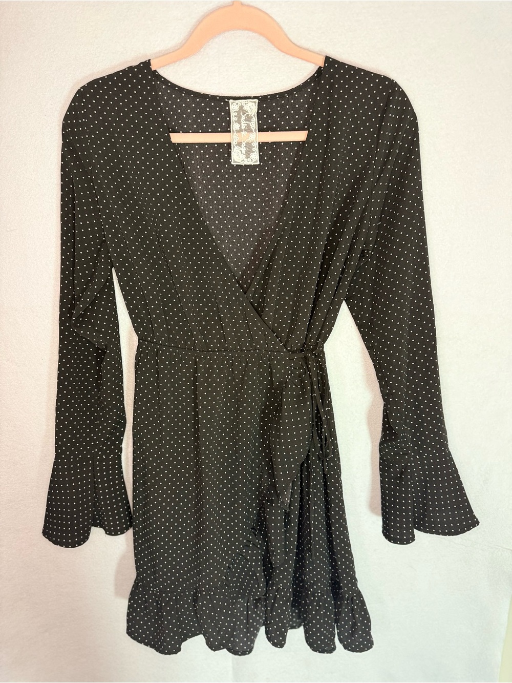 Anthropologie Sadie & Sage - Black Polka Dot Wrap Dress with Ruffle Hem - Size S